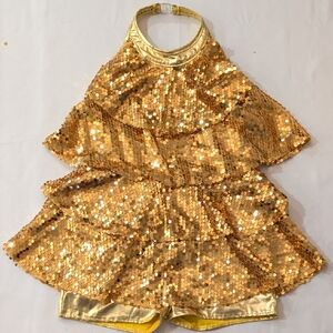 Gold Sequin Dance Costume Unitard Halter Ruffle Stage Performance Girls 14